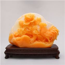 Indonesia Jin Tian Huang Statue - Rooster & Flower w Certificate