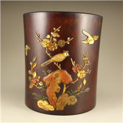 Chinese Qing Dynasty Zitan Wood Inlay Shell & Jade Brush Pot