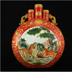 Chinese Gilt Gold Low-Relief Enamels Porcelain Moon Vase Qianlong Mark