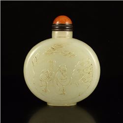 Chinese Qing Dynasty Hetian Jade Low Relief Poetic Prose Snuff Bottle