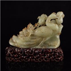 Vintage Chinese Qing Dy Hetian Jade Statue - Peacock