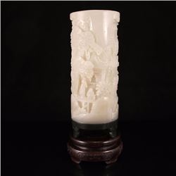 Chinese Qing Dynasty Hetian Jade High Relief Figures Brush Pot