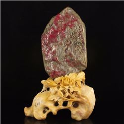 Hand Carved Genuine Chinese Natural Chicken Bloodstone Statue w Flower