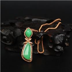 18K Gold Inlay Natural Jadeite Diamonds Pendant w Gold Chain & Certificate