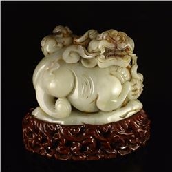 Vintage Chinese Qing Dynasty Hetian Jade Lions & Ball Statue