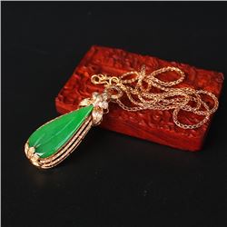 18K Gold Inlay Natural Jadeite Diamond Pendant w Gold Chain & Certificate