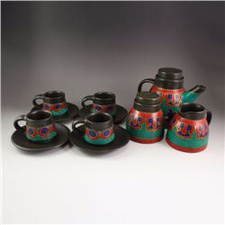 A Set Tibet Black Pottery Inlay Turquoise Teapot & Cups