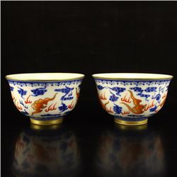 A Pair Chinese Qing Dynasty Gilt Gold Iron Red Glaze + Blue And White Porcelain Cups w Qian Long Mar