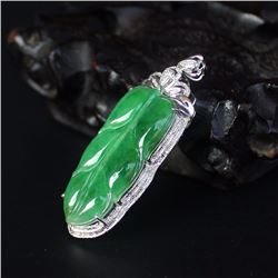 18K White Gold Inlay Natural Jadeite Diamond Pendant w Certificate
