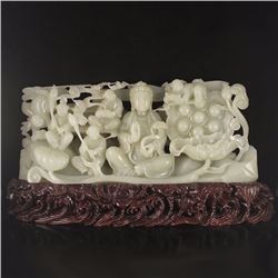 Superb Chinese Natural Hetian Jade Statue - Kwan-yin & Fortune Kids