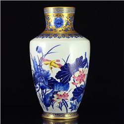 Gilt Gold Blue And White + Famille Rose Porcelain Vase