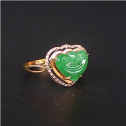 18K Gold Inlay Natural Green Jadeite Diamond Heart Shaped Ruyi Ring w Certificate