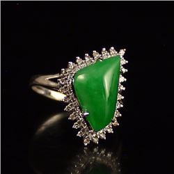 18K Gold Inlay Natural Jadeite Diamond Ring w Certificate
