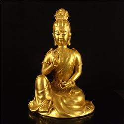 Chinese Gilt Gold Porcelain Kwan-yin Statue w Qianlong Mark