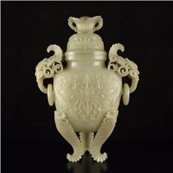 Chinese Hetian Jade High Relief Double Rings 3 Legs Incense Burner