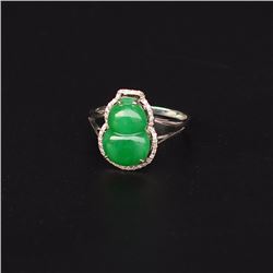 18K White Gold Inlay Natural Green Jadeite Diamond Ring w Certificate