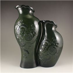 A Pair Chinese Deep Green Hetian Jade Low Relief Vase
