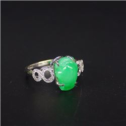 18K White Gold Inlay Natural Green Jadeite Diamond Ring w Certificate