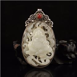 Sterling Silver Inlay Chinese Hetian Jade Laughing Buddha Pendant