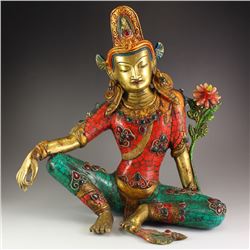 19Th C Chinese Tibet Gold-plated Bronze Inlay Turquoise Gem Tara Statue