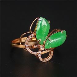 18K Gold Inlay Natural Green Jadeite Diamond Ring w Certificate