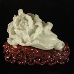 Chinese Qing Dynasty Hetian Jade Fortune Cabbage Statue