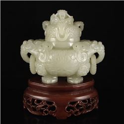 Superb Chinese Hetian Jade Dragon Head 3 Legs Incense Burner