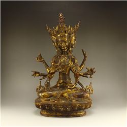 Chinese Ming Dynasty Gilt Gold Bronze Eight Arm Kwan-yin Statue