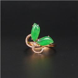 18K Gold Inlay Natural Green Jadeite Diamond Ring w Certificate