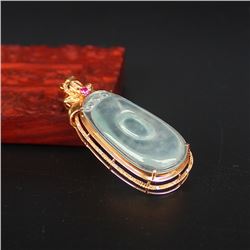 18K Gold Inlay Natural Jadeite Diamond Pendant w Certificate
