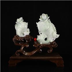 A Pair Jadeite / Jade Statue - Carp & Lotus