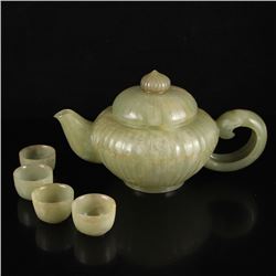 A Set Vintage Chinese Hetian Jade Teapot & Cups