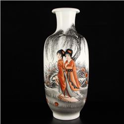 Chinese Qing Dynasty Ink Color Beautiful Girls Porcelain Vase & Yongzheng Mark