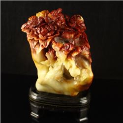 Superb Chinese Natural Shoushan Stone Statue - Magpie & Peony