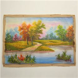 Chenchengbo ( 1895 - 1947 ) Landscape Oil Painting Depicting Lakeside !