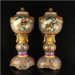 A Pair Chinese Gilt Gold Enamels Porcelain Incense Burner w Qianlong Mark