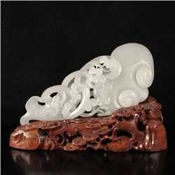 Openwork Chinese Natural White Hetian Jade Ruyi Statue