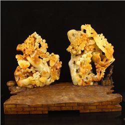 Chinese Natural Shoushan Stone Statue - Butterflies & Plum Flower w Certificate