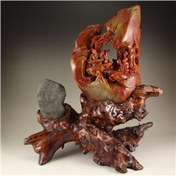 Chinese Natural Shoushan Stone Sages Meeting Statue w Certificate