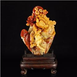 Chinese Shoushan Stone Statue - Magpie & Plum Flower w Certificate