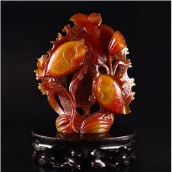 Beautiful Color Chinese Agate Statue w Fish & Lotus Flowers