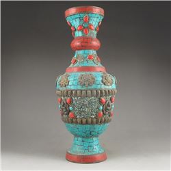 Chinese Tibet Bronze Inlay Turquoise Vase