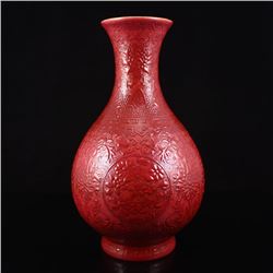 Chinese Rouge Red Glaze Relief Porcelain Vase