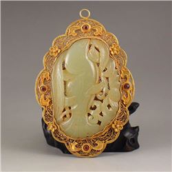Chinese Gilt Gold Sterling Silver Inlay Hetian Jade Pendant