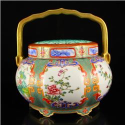 Superb Chinese Qing Dynasty Gilt Gold Famille Rose Porcelain Handle Handwarmer w Qian Long Mark