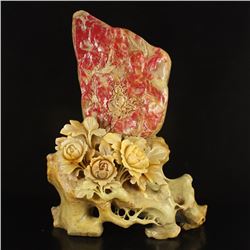 Chinese Chicken Blood Stone Flower Bird Statue w Certificate