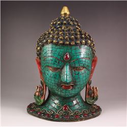 Vintage Chinese Tibet Brass Inlay Turquoise Buddhism Buddha Statue