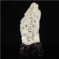 Hollow Out Carved Chinese Qing Dynasty Hetian Jade Statue - Crane & Pine Tree