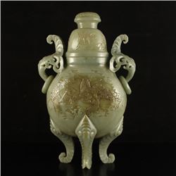 Chinese Qing Dy Hetian Jade High Relief Incense Burner