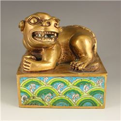 Chinese Qing Dynasty Gilt Gold Bronze Cloisonne Foo Dog Seal